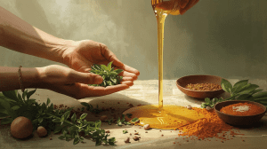 Hands pouring golden oil over fresh herbs surrounded by spices on a rustic wooden surface