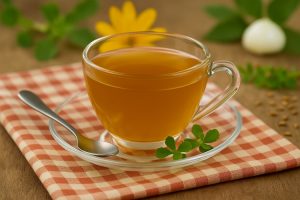Brahmi tea in a clear glass cup with brahmi leaves beside it