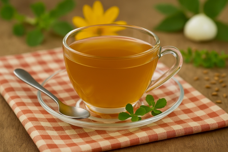 Brahmi tea in a clear glass cup with brahmi leaves beside it
