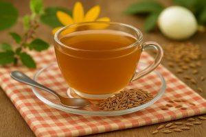 Cumin water in a clear glass cup with whole cumin seeds beside it