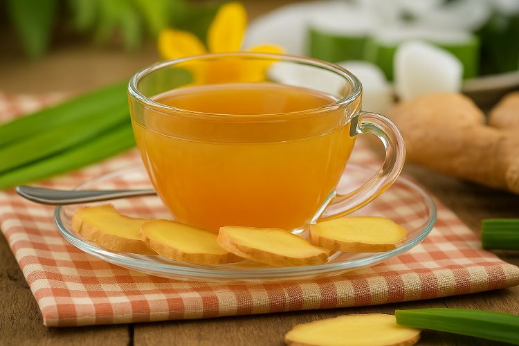 Fresh ginger tea, a powerful Ayurvedic home remedy for bloating and digestion.