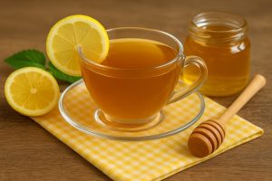 Warm honey lemon water in a clear glass cup with lemon slices and honey dipper