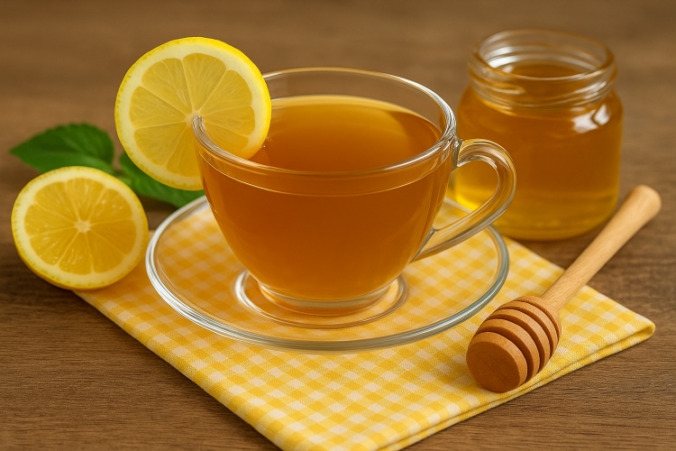 Warm honey lemon water in a clear glass cup with lemon slices and honey dipper