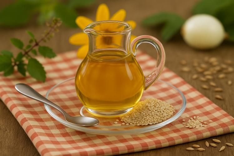 Sesame oil in a clear glass cup with a wooden spoon beside it