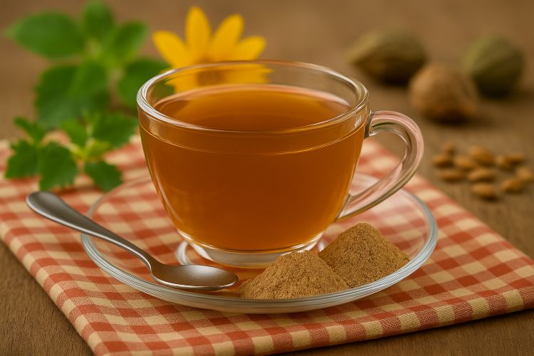 riphala powder mixed in warm water, a traditional Ayurvedic home remedy for gentle detox and improved gut health.