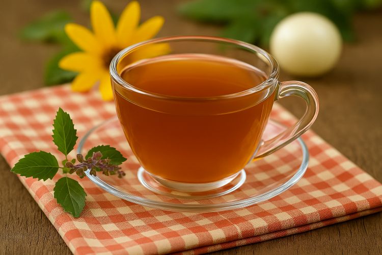 Herbal tulsi tea in a clear glass mug with holy basil leaves