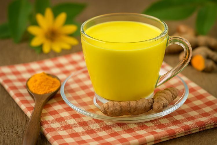 Golden turmeric milk in a clear glass cup with turmeric root beside it