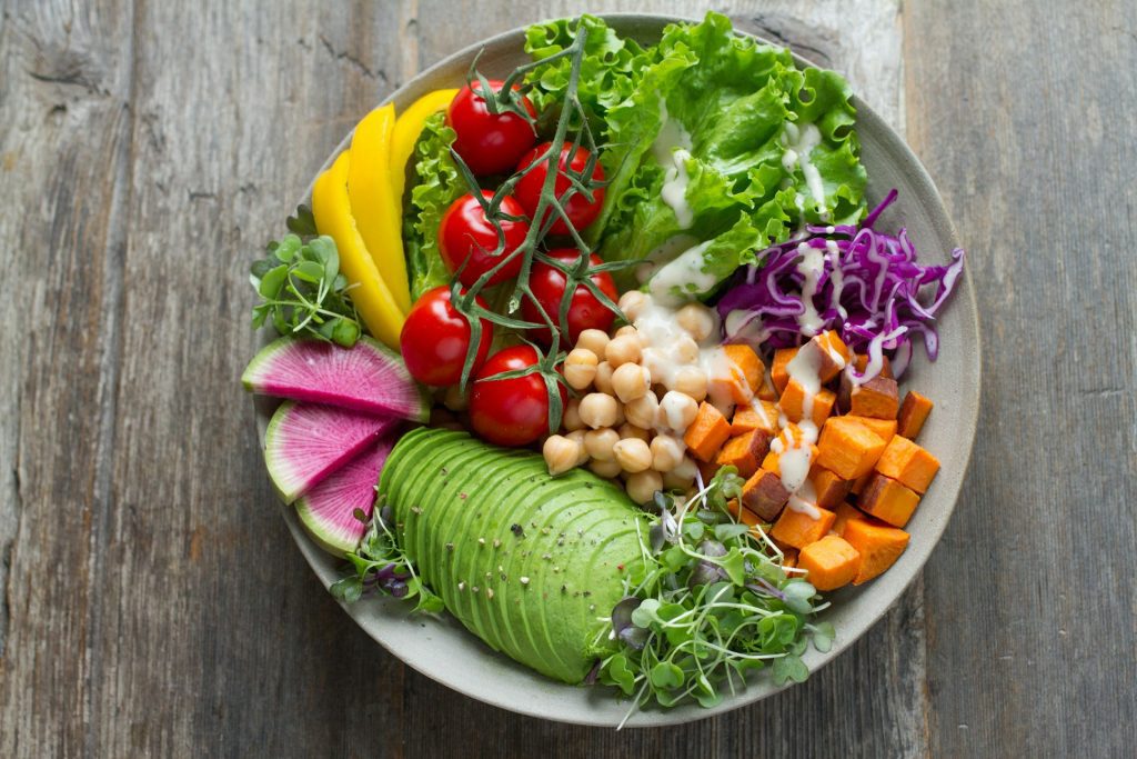Healthy, colorful plate of food representing a balanced nutrition plan within Ayurvedic Wellness Services.