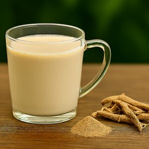 A warm, creamy glass mug of Ashwagandha Milk next to a pile of powdered root and dried Ashwagandha roots on a wooden surface.