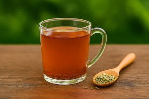 Warm, amber-colored Fennel Tea (Saunf Water) with a wooden spoon of fennel seeds, often consumed as a soothing and balancing part of Ayurvedic daily rituals.