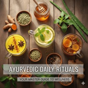 Flat lay of Ayurvedic daily rituals featuring golden turmeric milk, lemon honey water, cumin seeds, ginger, and fennel on a wooden surface.