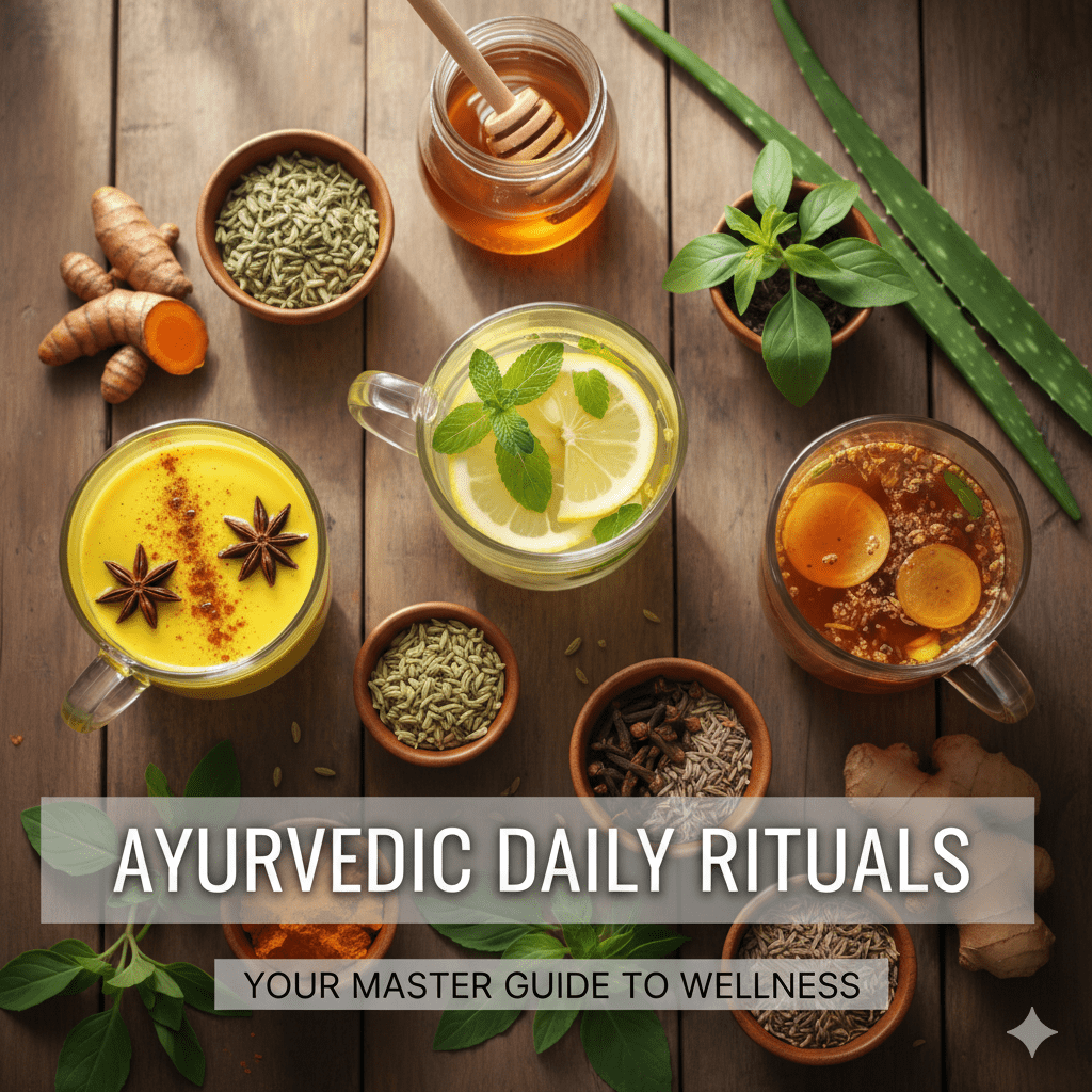 Flat lay of Ayurvedic daily rituals featuring golden turmeric milk, lemon honey water, cumin seeds, ginger, and fennel on a wooden surface.