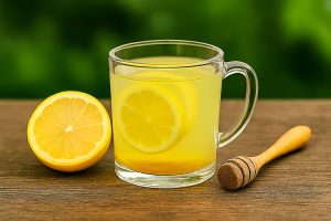 A clear glass mug of warm honey-lemon water with fresh lemon slices, essential for Ayurvedic daily rituals and morning cleansing, next to a spoon of honey.