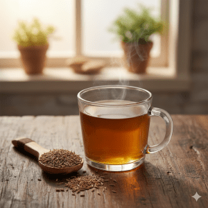 A steaming glass cup of amber-colored cumin tea on a rustic wooden table, with a wooden spoon holding dry, brown cumin seeds (Jeera) in the foreground.