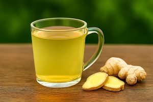 A warm, light-yellow herbal tea in a glass mug with whole ginger root and two fresh slices of ginger on a dark wooden surface.