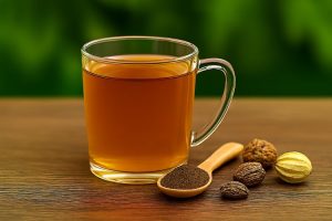 A warm cup of brown Triphala tea next to a wooden spoon of Triphala powder and three dried haritaki and bibhitaki fruits on a dark wooden surface.