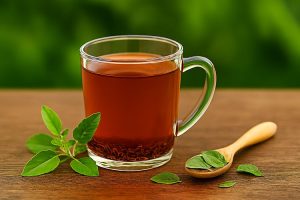 A clear glass mug of dark amber Tulsi (Holy Basil) tea with fresh leaves and a small wooden spoon of herbs on a dark wooden table.