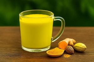 A warm, bright yellow glass mug of Turmeric Milk (Golden Milk) next to sliced turmeric root and turmeric powder on a wooden spoon.