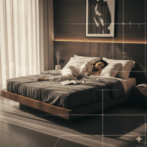 A beautiful woman sleeping peacefully in a luxury minimalist bedroom with premium linens and soft, cinematic morning light.