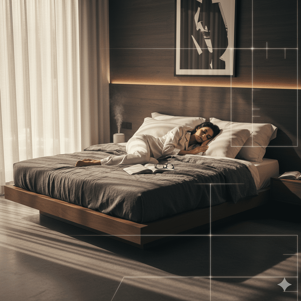 A beautiful woman sleeping peacefully in a luxury minimalist bedroom with premium linens and soft, cinematic morning light.