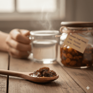 A close-up of a hand using a wooden spoon to take a honey-infused raisin from a glass jar next to a steaming cup of warm water.