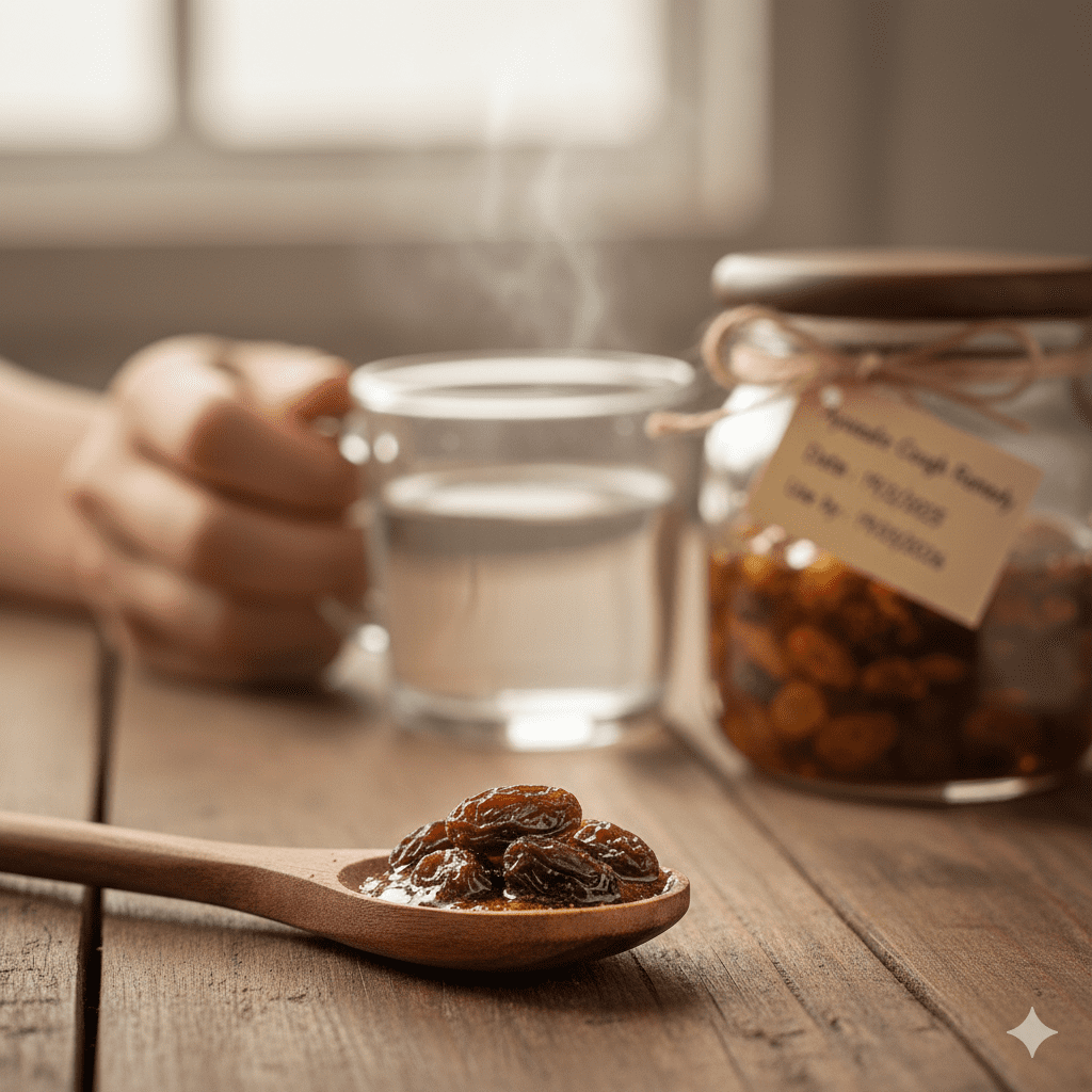 A close-up of a hand using a wooden spoon to take a honey-infused raisin from a glass jar next to a steaming cup of warm water.