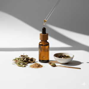 A minimalist high-contrast image of a copper bowl with Ayurvedic herbs and a simple wooden spoon on a clean marble surface.