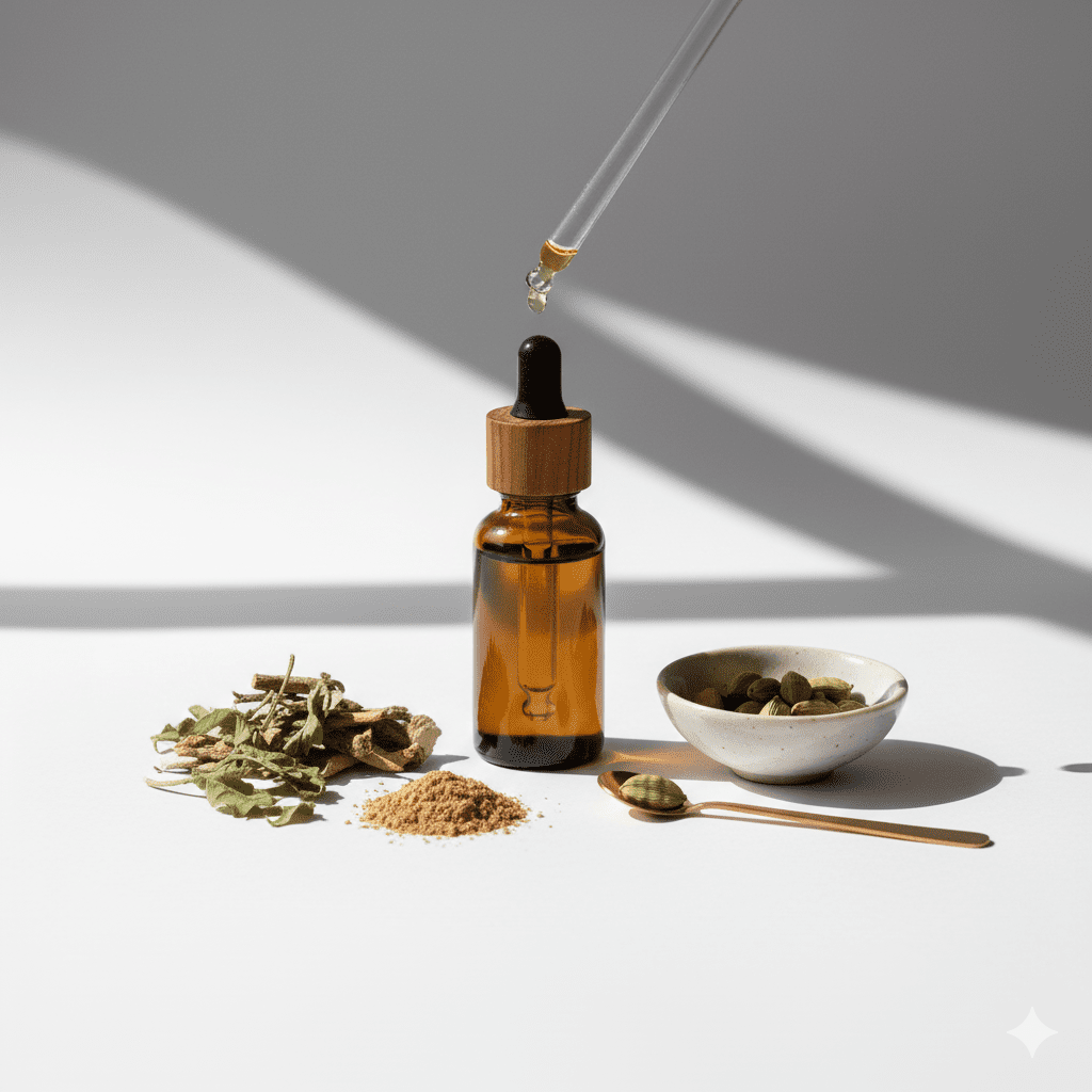 A minimalist high-contrast image of a copper bowl with Ayurvedic herbs and a simple wooden spoon on a clean marble surface.
