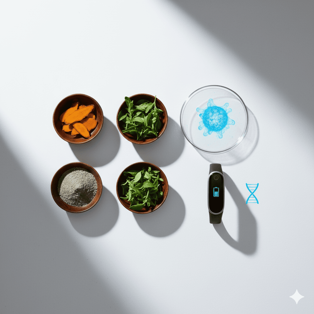 Glass apothecary dropper bottles paired with raw Ayurvedic herbs on a clean stone surface.