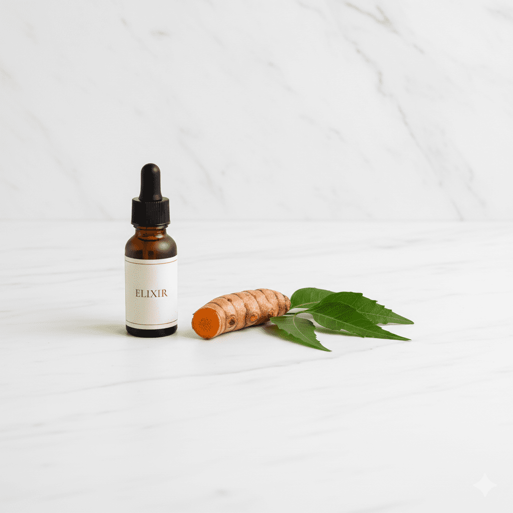 A sleek glass dropper bottle beside fresh turmeric and green neem leaves on a marble surface, representing modern Ayurvedic biohacking.