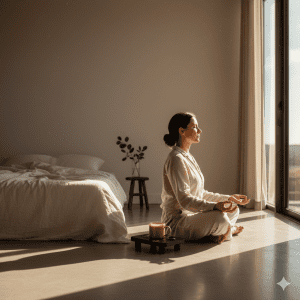 A minimalist morning scene featuring a copper water vessel and a journal by a sunlit window.