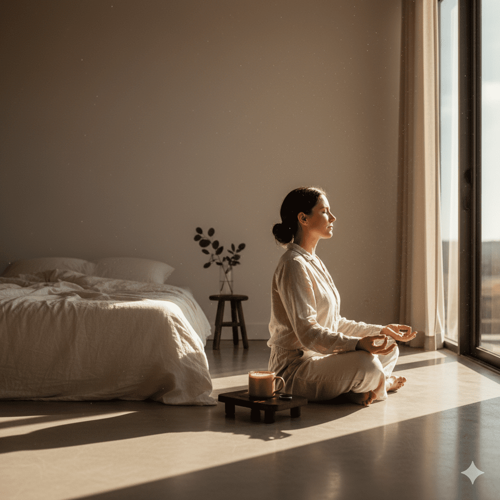 A minimalist morning scene featuring a copper water vessel and a journal by a sunlit window.