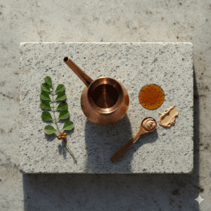 Top-down macro shot of a hand-crafted copper water vessel and fresh medicinal herbs on a natural stone surface for an Ayurvedic ritual.