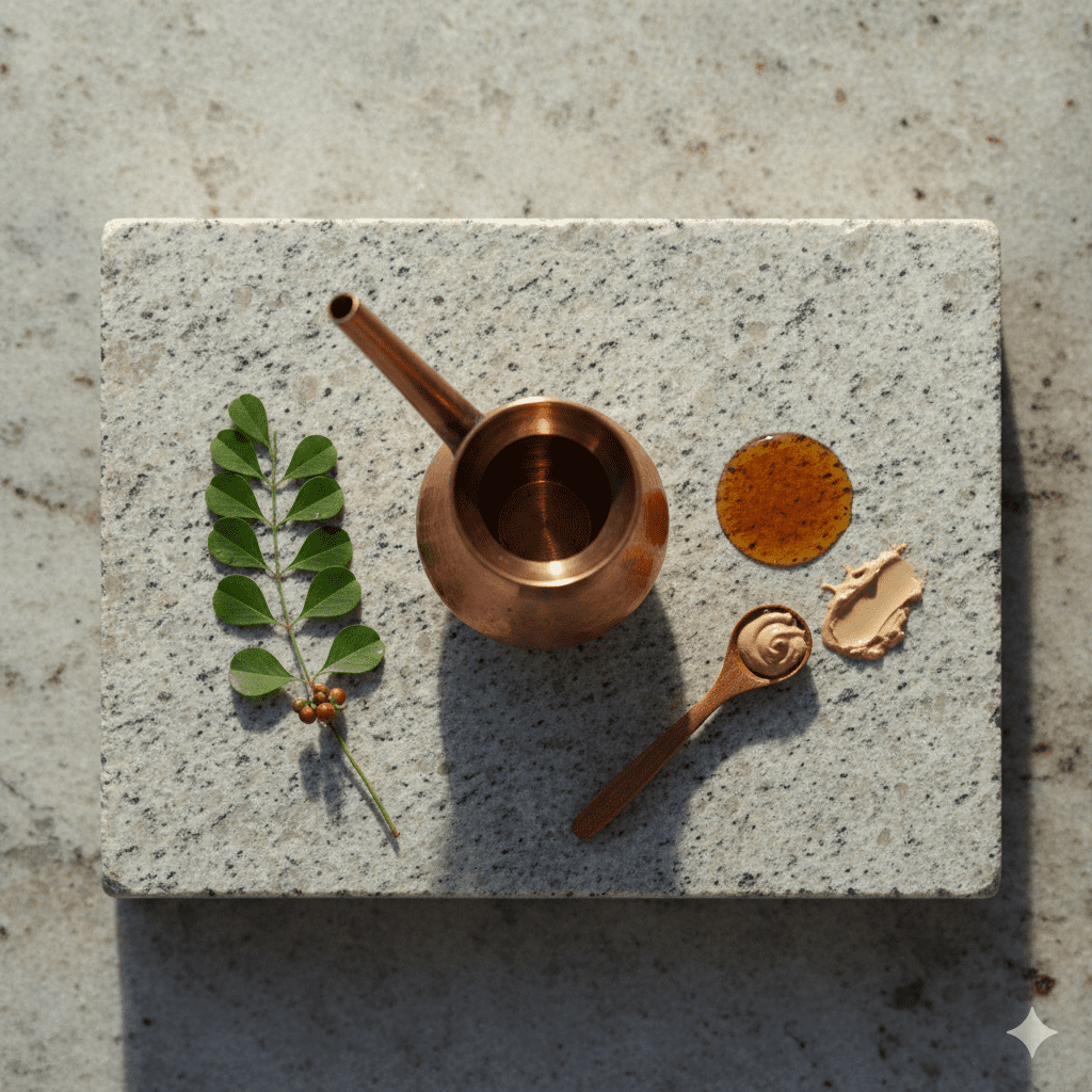 Top-down macro shot of a hand-crafted copper water vessel and fresh medicinal herbs on a natural stone surface for an Ayurvedic ritual.