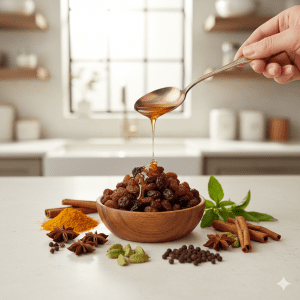 A wooden bowl of raisins with honey dripping from a spoon, surrounded by cinnamon, cloves, and holy basil on a bright counter.