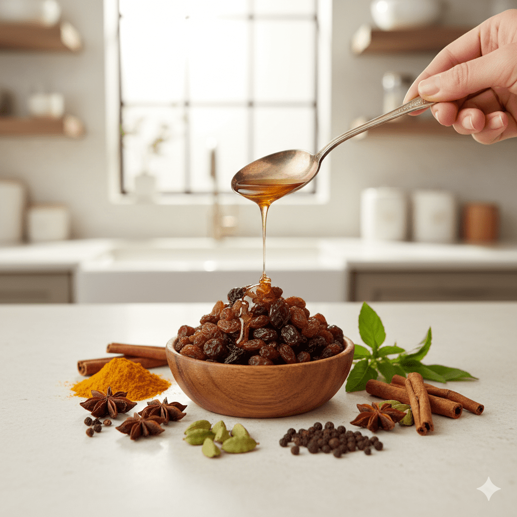 A wooden bowl of raisins with honey dripping from a spoon, surrounded by cinnamon, cloves, and holy basil on a bright counter.