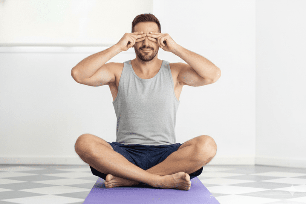 Hands in Shanmukhi Mudra position for the Humming Bee Breath.