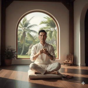A man in thoughtful reflection within a traditional Ayurvedic ashram, surrounded by warm wood tones and lush tropical foliage