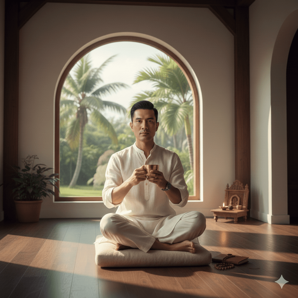 A man in thoughtful reflection within a traditional Ayurvedic ashram, surrounded by warm wood tones and lush tropical foliage