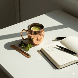 A high-end minimalist scene featuring a copper cup of lemon water, a copper tongue scraper, and a sleek fountain pen on an open notebook for a focused morning routine.