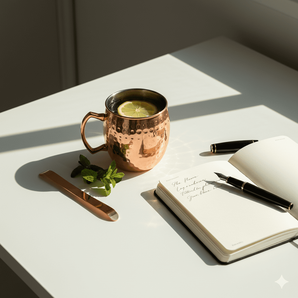A high-end minimalist scene featuring a copper cup of lemon water, a copper tongue scraper, and a sleek fountain pen on an open notebook for a focused morning routine.