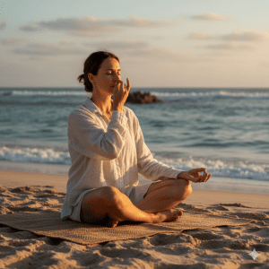 Woman practicing Nadi Shodhana as part of her Pranayama for beginners routine.