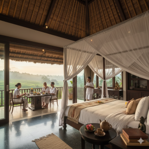 Luxurious Ayurvedic guest rooms with balconies overlooking the Tegallalang rice terraces at Oneworld Ayurveda Bali.