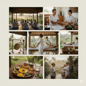 A morning ritual scene at Oneworld Ayurveda Bali with a meditation pavilion and treatment shala overlooking the misty Tegallalang rice terraces at sunrise.