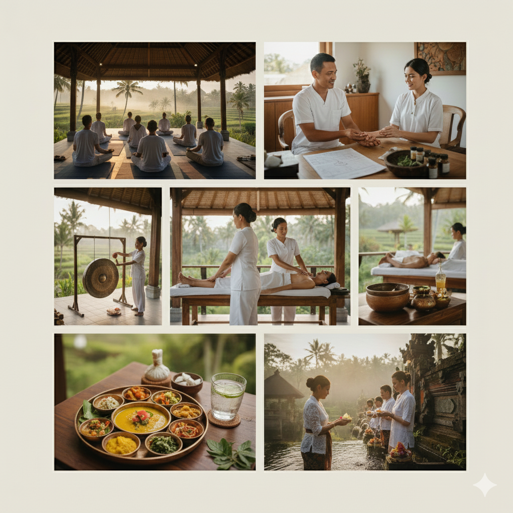A morning ritual scene at Oneworld Ayurveda Bali with a meditation pavilion and treatment shala overlooking the misty Tegallalang rice terraces at sunrise.