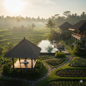 A woman meditating in a wooden pavilion overlooking lush green rice terraces and an Ayurvedic healing sanctuary in Bali at sunrise.
