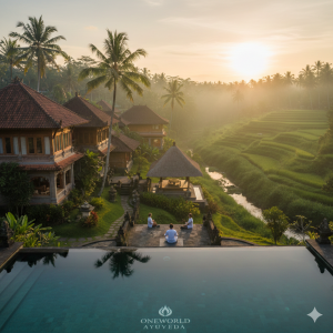 A tranquil luxury Oneworld Ayurveda Bali retreat featuring traditional villas and an infinity pool overlooking lush rice terraces at sunrise.