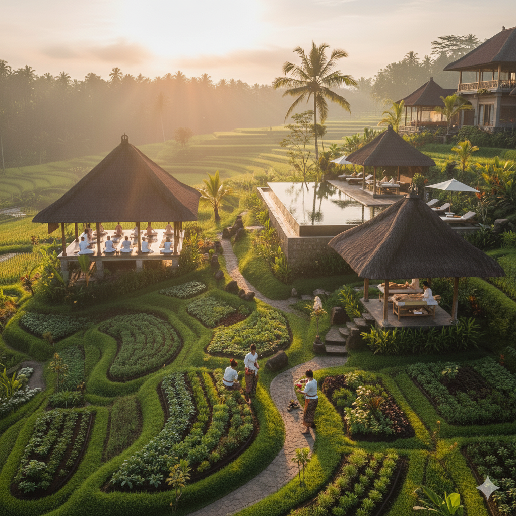 Aerial view of Oneworld Ayurveda Bali sanctuary featuring traditional pavilions, yoga shala, and organic permaculture gardens overlooking Tegallalang rice terraces.