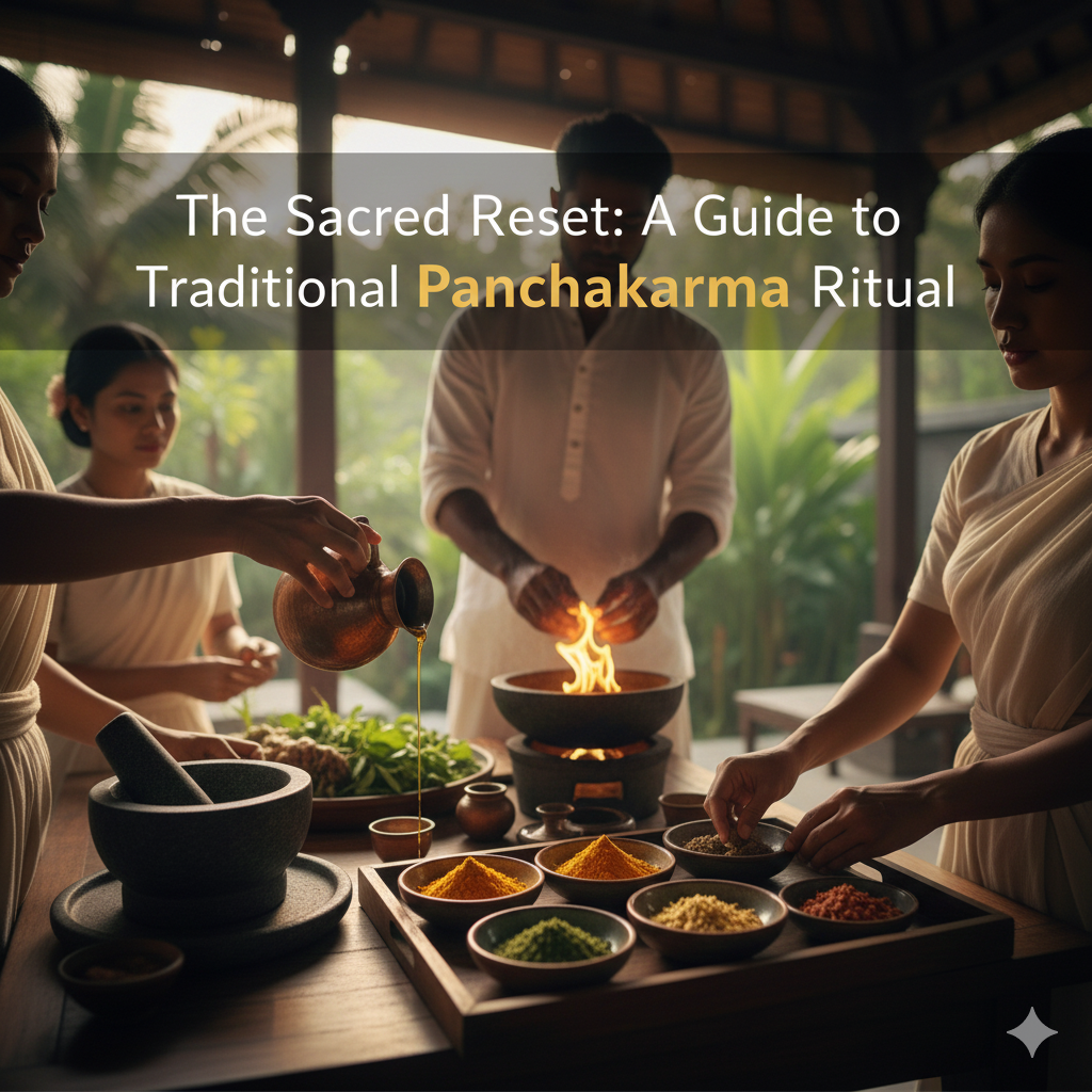 Practitioners preparing traditional Ayurvedic oils and herbs for a Panchakarma detoxification ritual.