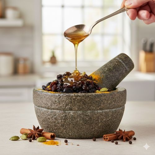 A stone mortar and pestle containing dark raisins being coated in golden honey for a natural cough remedy.